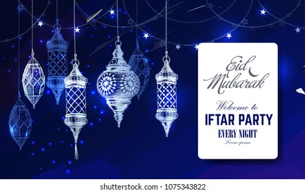 Hand drawn holiday lanterns. Illustration of Eid mubarak and Ramadan Kareem. Beautiful islamic and arabic Lanterns and calligraphy wishes. Greeting moubarak and mabrok for Muslim Community festival.