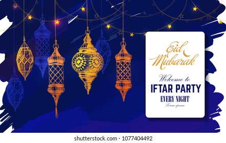 Hand drawn holiday lanterns. Illustration of Eid mubarak and Ramadan Kareem.Beautiful islamic and arabic Lanterns and calligraphy wishes.Greeting mubarak and iftar party for Muslim Community festival.