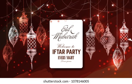 Hand drawn holiday lanterns. Illustration of Eid mubarak and Ramadan Kareem. Beautiful islamic and arabic Lanterns and calligraphy wishes. Greeting moubarak and mabrok for Muslim Community festival.