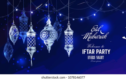 Hand drawn holiday lanterns. Illustration of Eid mubarak and Ramadan Kareem. Beautiful islamic and arabic Lanterns and calligraphy wishes. Greeting moubarak and mabrok for Muslim Community festival.