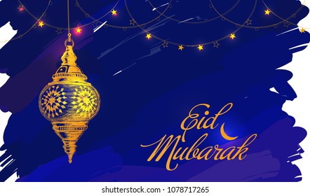 Hand drawn holiday lanterns. Illustration of Eid mubarak and Ramadan Kareem. Beautiful islamic and arabic Lanterns and calligraphy wishes. Greeting moubarak and mabrok for Muslim Community festival.