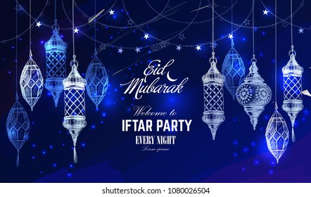 Hand drawn holiday lanterns. Illustration of Eid mubarak and Ramadan Kareem. Beautiful islamic and arabic Lanterns and calligraphy wishes. Greeting moubarak and mabrok for Muslim Community festival.