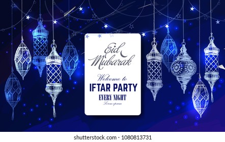 Hand drawn holiday lanterns. Illustration of Eid mubarak and Ramadan Kareem. Beautiful islamic and arabic Lanterns and calligraphy wishes. Greeting moubarak and mabrok for Muslim Community festival.