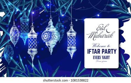 Hand drawn holiday lanterns. Illustration of Eid mubarak and Ramadan Kareem.Beautiful islamic and arabic Lanterns and calligraphy wishes.Greeting mubarak and iftar party for Muslim Community festival.