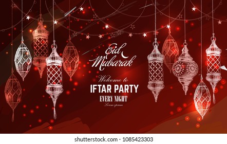 Hand drawn holiday lanterns. Illustration of Eid mubarak and Ramadan Kareem. Beautiful islamic and arabic Lanterns and calligraphy wishes. Greeting moubarak and mabrok for Muslim Community festival.