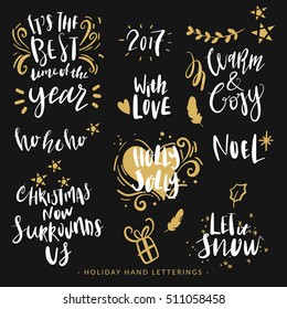 Hand Drawn Holiday Lettering, Christmas Quote Calligraphy, White and Gold Hand written phrases and Design elements