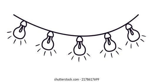 Hand drawn holiday lighting garland for decoration. Black line doodle party lights. Vector illustration of carnival or festival bunting. Bullet journal divider elements for diary or notebook