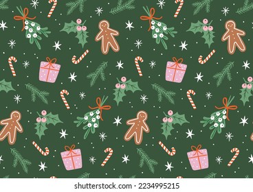 Hand Drawn Holiday Seamless Vector Pattern. Cute Christmas Elements On Dark Green Background. Simple Style Design Ideal For Textile, Wallpaper, Fabric Prints Or Wrapping Paper.