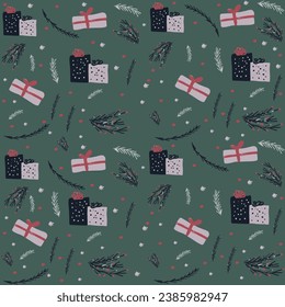 Hand Drawn Holiday Seamless Vector Pattern. Cute Christmas Elements On Dark Green Background. Simple Style Design Ideal For Textile, Wallpaper, Fabric Prints Or Wrapping Paper.