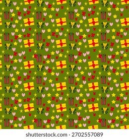 Dibujado a mano Festiva Patrón de Vector sin fisuras. Lindos Elementos De Navidades Sobre Fondo Verde. Diseño De Estilo Simple Ideal Para Textiles, Fondo de pantalla, Impresiones De Telas O Papel De Envolver.