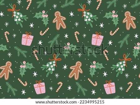 Hand Drawn Holiday Seamless Vector Pattern. Cute Christmas Elements On Dark Green Background. Simple Style Design Ideal For Textile, Wallpaper, Fabric Prints Or Wrapping Paper.