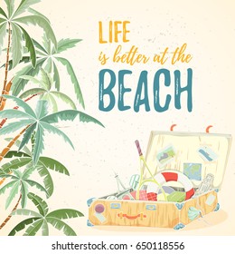 Hand drawn holiday travel card. Summer vector illustration of open suitcase with tennis rocket flip-flops, lifebuoy with palms can be used as invitation, postcard, banner or website decoration.