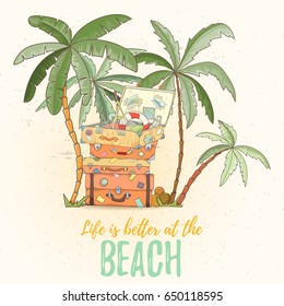 Hand drawn holiday travel card. Summer vector illustration of open suitcase with tennis rocket flip-flops, lifebuoy with palms can be used as invitation, postcard, banner or website decoration.