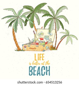 Hand drawn holiday travel card. Summer vector illustration of open suitcase with tennis rocket flip-flops, lifebuoy with by palms can be used as invitation, postcard, banner or website decoration.