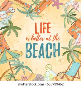 Hand drawn holiday travel card. Summer vector illustration of umbrella, sunbed, palm, shell, travel bag, sunglasses, hat can be used as invitation, postcard, menu, flyer banner or website decoration.