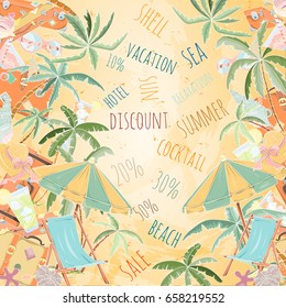 Hand drawn holiday travel card. Summer vector illustration of umbrella, sunbed, palm, shell, travel bag, sunglasses, hat can be used as invitation, postcard, menu, flyer banner or website decoration.