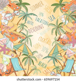 Hand drawn holiday travel card. Summer vector illustration of umbrella, sunbed, palm, shell, travel bag, sunglasses, hat can be used as invitation, postcard, menu, flyer banner or website decoration.