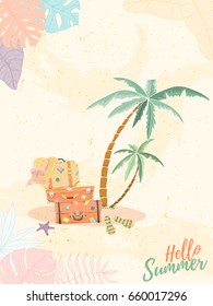 Hand drawn holiday travel card. Summer vector illustration of umbrella, sunbed, palm, shell, travel bag, sunglasses, hat can be used as invitation, postcard, menu, flyer banner or website decoration.