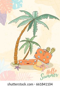 Hand drawn holiday travel card. Summer vector illustration of umbrella, sunbed, palm, shell, travel bag, sunglasses, hat can be used as invitation, postcard, menu, flyer banner or website decoration.