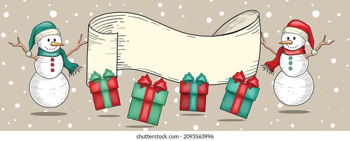 Hand Drawn Holiday Vintage Design. Two cute Snowmen with Retro Ribbon signboard template. Vintage gift boxes.