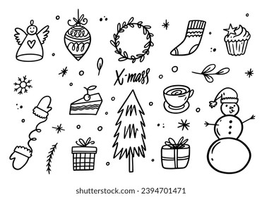 Elementos de doodle de invierno de vacaciones dibujados a mano. Vector de iconos de signo de trazo de color negro. Aislado sobre fondo blanco.