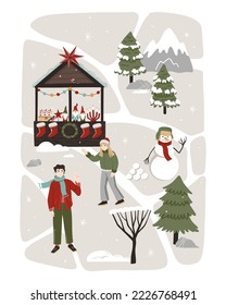 Hand Drawn holiday winter map creator with houses, car, Christmas market stall, pine trees, people and outdoor elements. Flat illustration for poster, greeting card, print