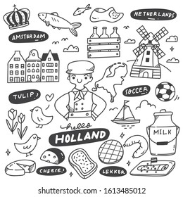 Hand Drawn Holland Doodle Set, Food and Drink, Traditional Clothes, Building