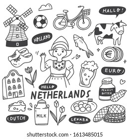 Hand Drawn Holland Doodle Set, Food and Drink, Traditional Clothes, Building