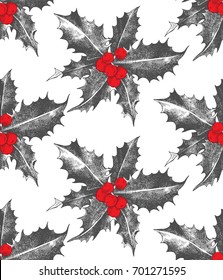 Hand drawn holly berry Christmas seamless pattern