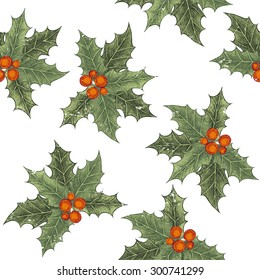 Hand drawn holly berry seamless pattern in vintage style