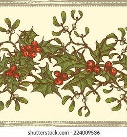 Hand drawn  holly twigs and mistletoe seamless border.  All objects are conveniently grouped  and are easily editable.
