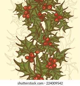 Hand drawn  holly twigs  vertical seamless border.  All objects are conveniently grouped  and are easily editable.