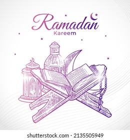 Dibujo de mano del libro sagrado del Corán en el estrado con linterna islámica. Antecedentes de la celebración de Ramadan Kareem, Eid al Fitr y Eid Al Adha. Ilustración vectorial