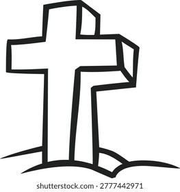 Hand drawn holy cross planted on a mound of earth representing a grave in a cemetery