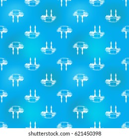 Hand drawn holy kaaba in arabic seamless pattern background. Traditional white oriental signs and symbols on soft blue backdrop. Greeting card background for muslim cards, banners.