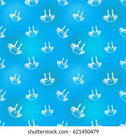 Hand drawn holy kaaba in arabic seamless pattern background. Traditional white oriental signs and symbols on soft blue backdrop. Greeting card background for muslim cards, banners.