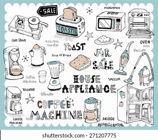 Hand drawn home appliance set -Vintage electronic products illustration with home and kitchen utensils related words in hand drawn style and on the grid background.