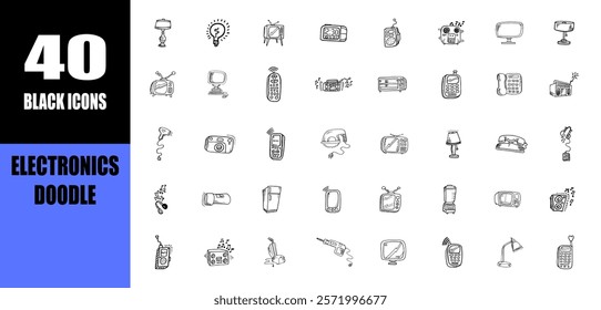 Hand drawn home appliances doodle set background. electronic doodles black line icons.