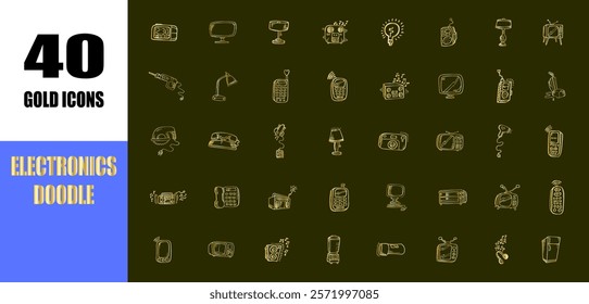 Hand drawn home appliances doodle set background. electronic doodles gold line icons. luxury sign.