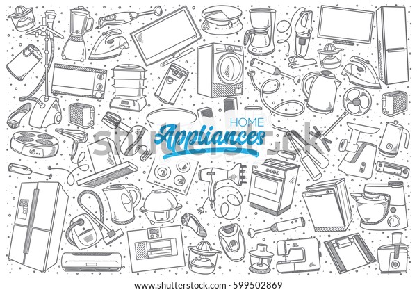 Hand Drawn Home Appliances Doodle Set Stock Vector Royalty Free Shutterstock
