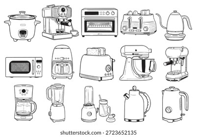 Hand drawn home appliances vector illustration set features a detailed collection of household and countertop electric devices arranged in a clean and organized layout. The vector includes various appliances such as coffee machines, espresso makers, electric kettles, ovens, toaster ovens, toasters, microwaves, rice cookers, stand mixers, blenders, personal blenders, juicers, drip coffee makers, and small household machines commonly used for daily preparation and beverage making.

All elements are illustrated in a vintage engraved line art style with black and white hand drawn strokes, making this vector ideal for branding projects, instruction manuals, product packaging, catalogs, editorial illustrations, posters, infographics, websites, mobile apps, and print design.

Each appliance is isolated on a white background, fully scalable, and editable, suitable for modern and classic design concepts. This home appliances vector set is perfect for electronics stores, lifestyle brands, home-related businesses, designers, and content creators looking for a timeless hand sketched aesthetic. Ideal for technology illustrations, household equipment graphics, product guides, and commercial design use.