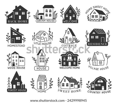 Hand drawn home emblems. Cottage, farmhouse and residence houses for housewarming invitations designs and real estate marketing emblems. Vector illustration set. Scandinavian buildings