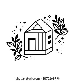 Hand drawn home, house, building, and floral leaf branch line art vector illustration element for wedding invitation card, icon, logo, symbol, home made brand, organic product, coloring page