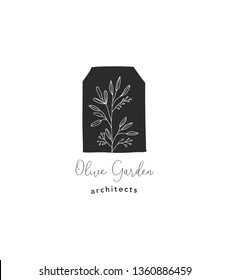 Hand drawn home, house with garden logo, icon. Vector illustration