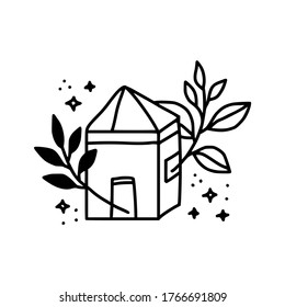 Hand drawn home, leaf, floral, rose logo element. Hand drawn botanical and celestial logo element