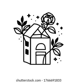 Hand drawn home, leaf, floral, rose logo element. Hand drawn botanical and celestial logo element