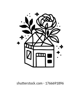 Hand drawn home, leaf, floral, rose logo element. Hand drawn botanical and celestial logo element