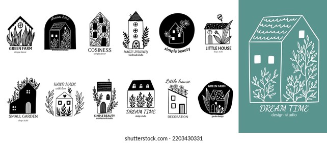 Hand Drawn Home Logo. Little Cabin Farm With Tree Decor, Barn Village Garden And Tiny Forest Woods, Elegant Real Estate Sketch Emblems. Cute Houses And Plants. Vector Icon Symbols