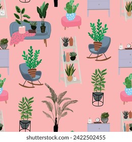 Hand drawn home plants pattern. vector seamless pattern