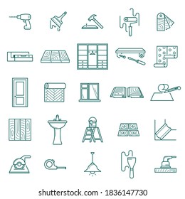 Hand drawn home renovation icons set. Screwdriver screwing window cleaning wallpapering and installing laminate flooring polishing wooden floors laying tiles sawing tiles size. Icon vector art.